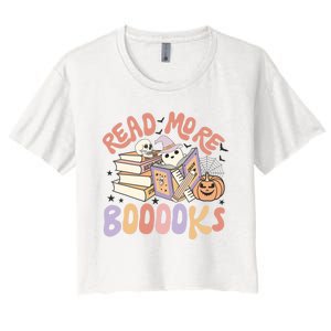 Cute Booooks Ghost Read More Books Funny Teacher Halloween Women's Crop Top Tee