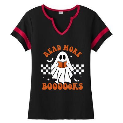 Cute Booooks Ghost Read More Books Funny Teacher Halloween Ladies Halftime Notch Neck Tee