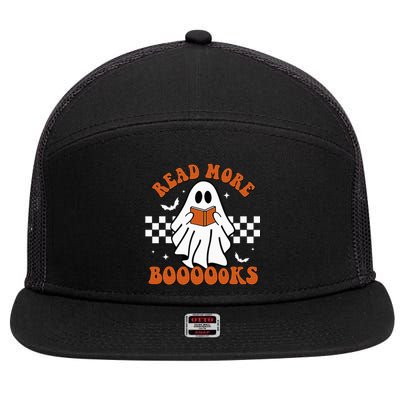 Cute Booooks Ghost Read More Books Funny Teacher Halloween 7 Panel Mesh Trucker Snapback Hat