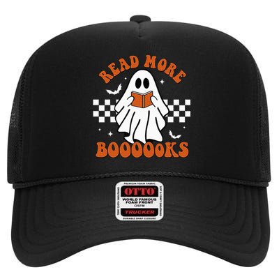 Cute Booooks Ghost Read More Books Funny Teacher Halloween High Crown Mesh Back Trucker Hat