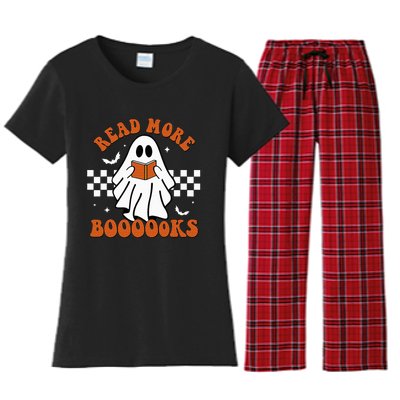 Cute Booooks Ghost Read More Books Funny Teacher Halloween Women's Flannel Pajama Set