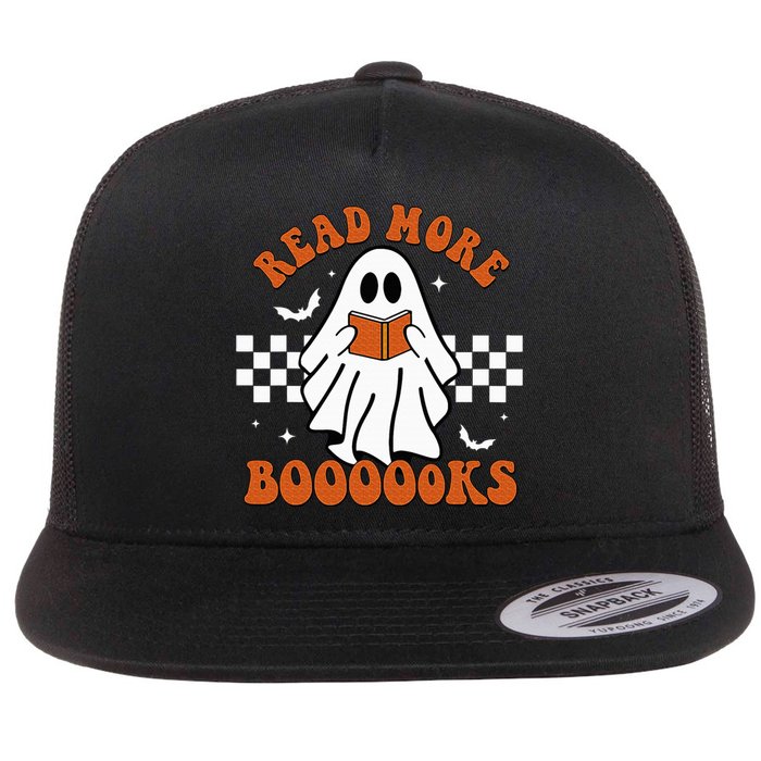 Cute Booooks Ghost Read More Books Funny Teacher Halloween Flat Bill Trucker Hat