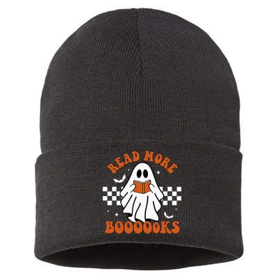 Cute Booooks Ghost Read More Books Funny Teacher Halloween Sustainable Knit Beanie