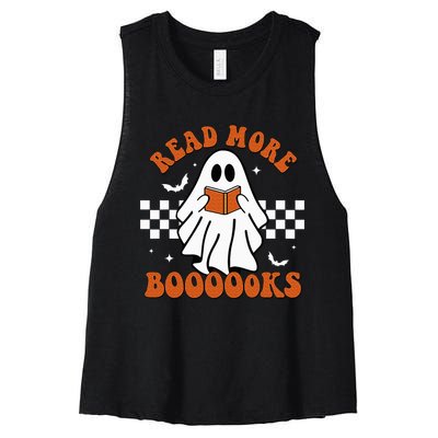 Cute Booooks Ghost Read More Books Funny Teacher Halloween Women's Racerback Cropped Tank