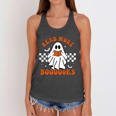 Cute Booooks Ghost Read More Books Funny Teacher Halloween Women's Knotted Racerback Tank