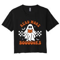 Cute Booooks Ghost Read More Books Funny Teacher Halloween Women's Crop Top Tee