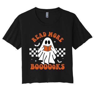 Cute Booooks Ghost Read More Books Funny Teacher Halloween Women's Crop Top Tee