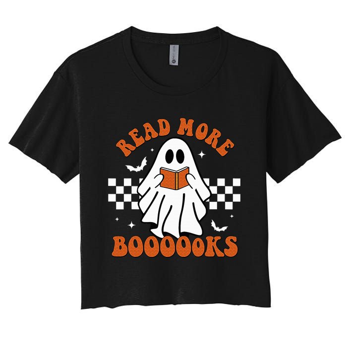 Cute Booooks Ghost Read More Books Funny Teacher Halloween Women's Crop Top Tee