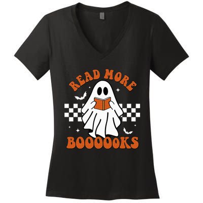 Cute Booooks Ghost Read More Books Funny Teacher Halloween Women's V-Neck T-Shirt