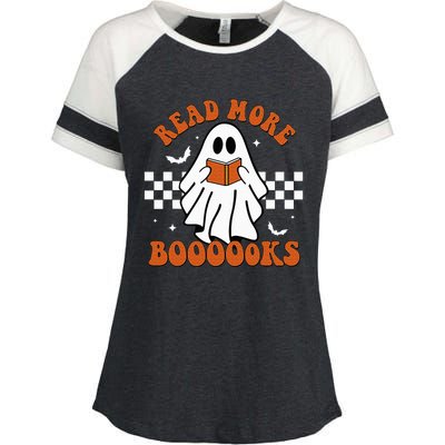 Cute Booooks Ghost Read More Books Funny Teacher Halloween Enza Ladies Jersey Colorblock Tee