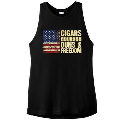 Cigars Bourbon Guns And Freedom American Flag Ladies PosiCharge Tri-Blend Wicking Tank