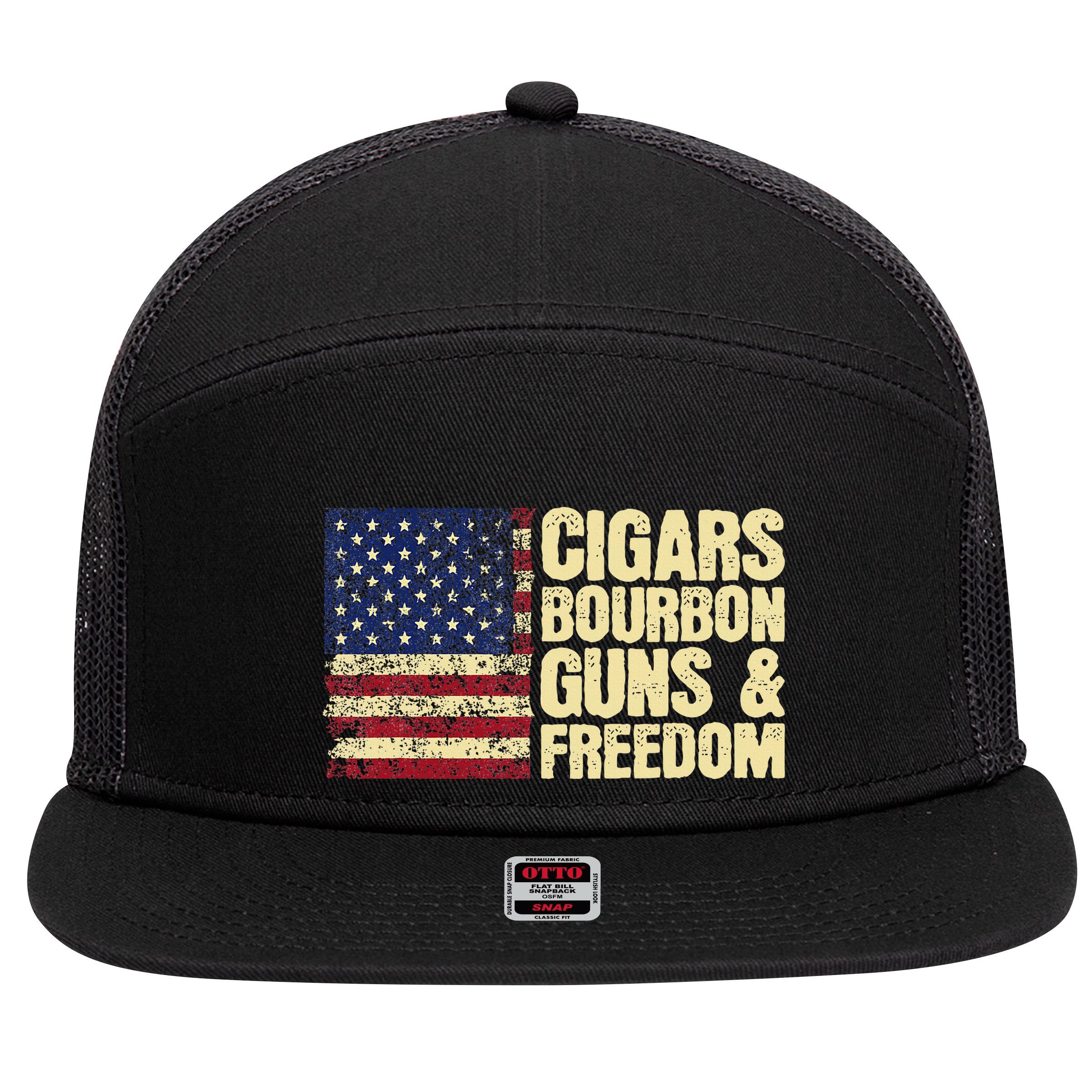 Cigars Bourbon Guns And Freedom American Flag 7 Panel Mesh Trucker Snapback Hat