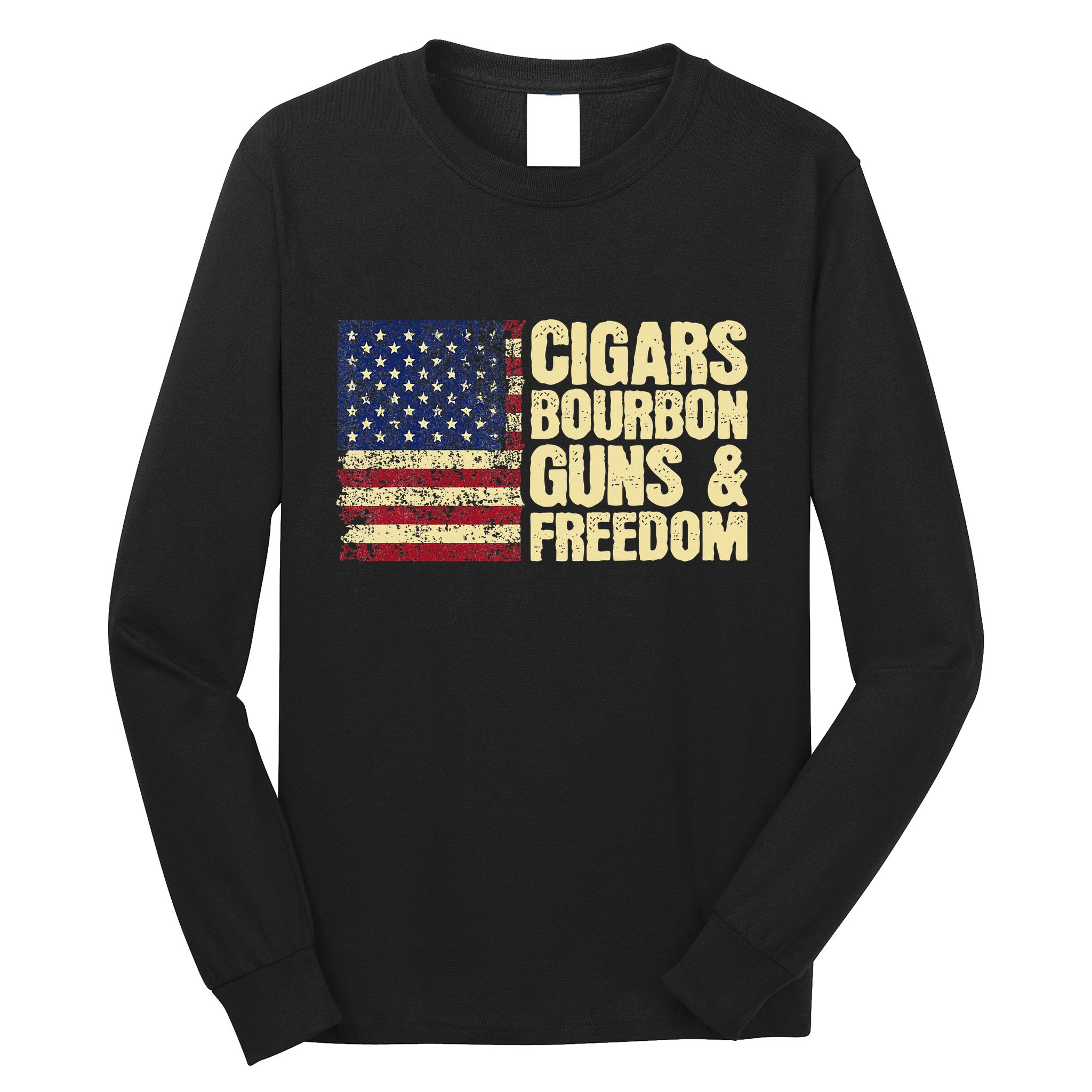 Cigars Bourbon Guns And Freedom American Flag Long Sleeve Shirt