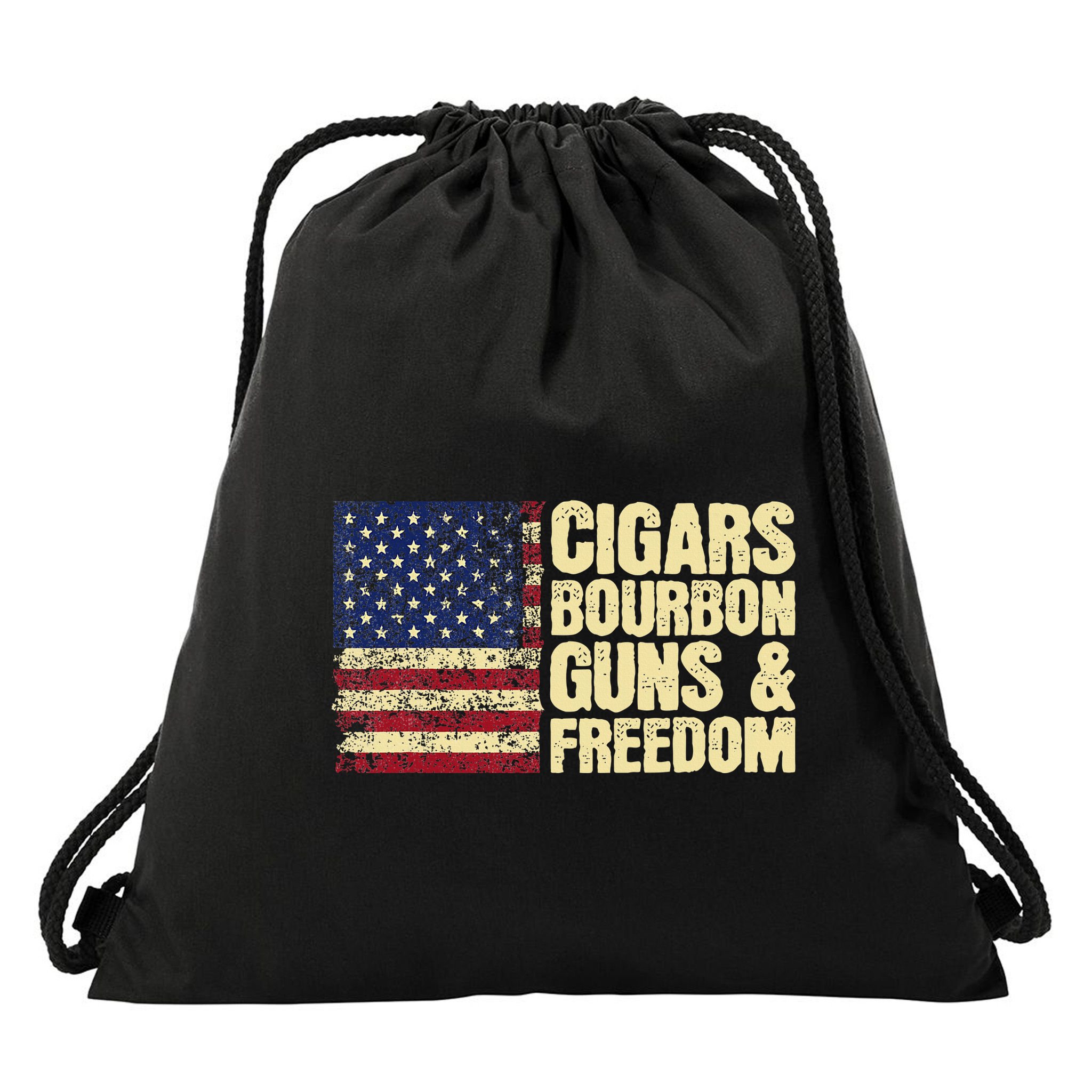 Cigars Bourbon Guns And Freedom American Flag Drawstring Bag