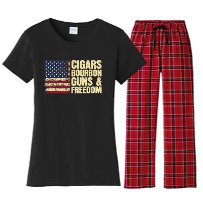 Cigars Bourbon Guns And Freedom American Flag Women's Flannel Pajama Set