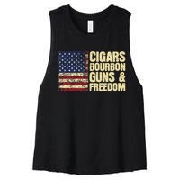 Cigars Bourbon Guns And Freedom American Flag Women's Racerback Cropped Tank