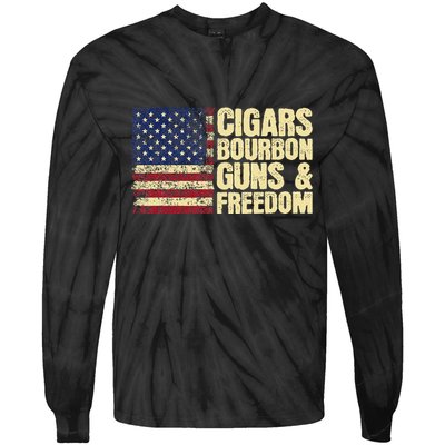 Cigars Bourbon Guns And Freedom American Flag Tie-Dye Long Sleeve Shirt
