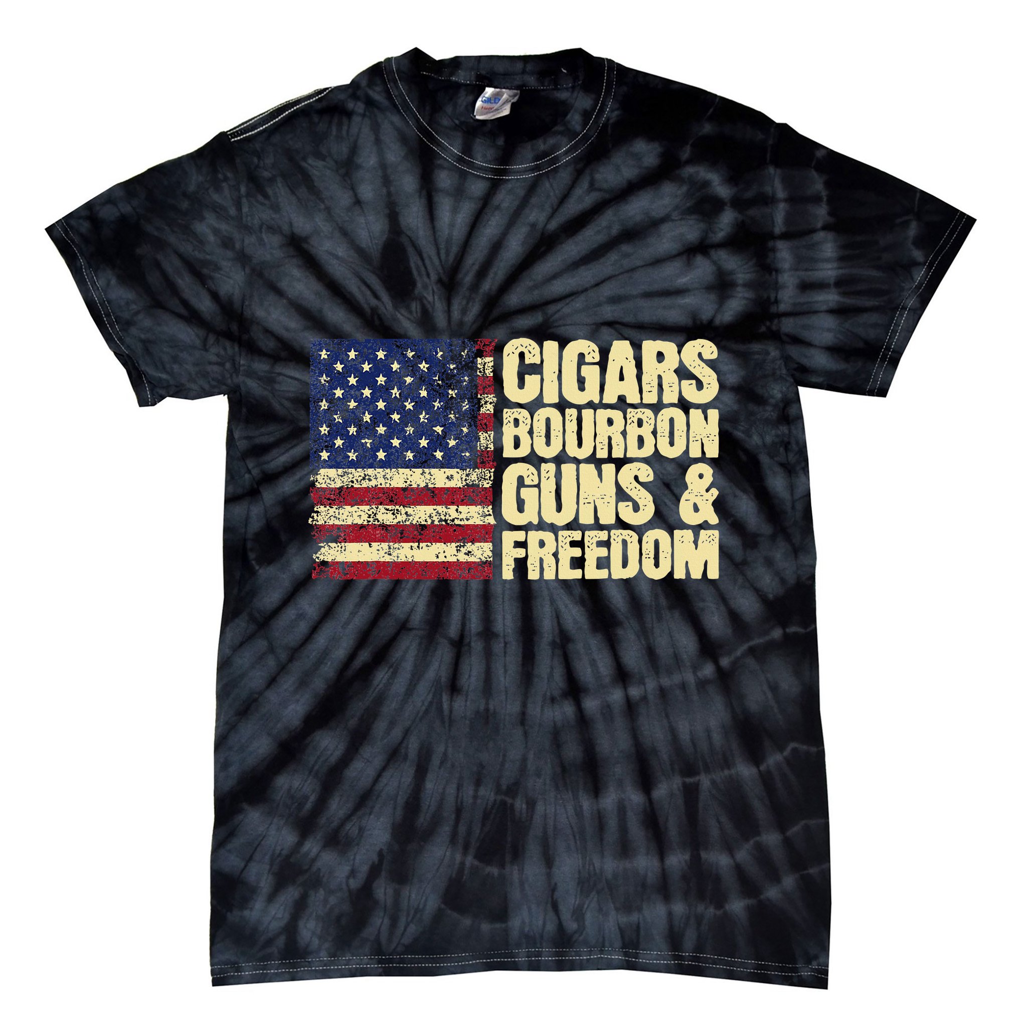 Cigars Bourbon Guns And Freedom American Flag Tie-Dye T-Shirt
