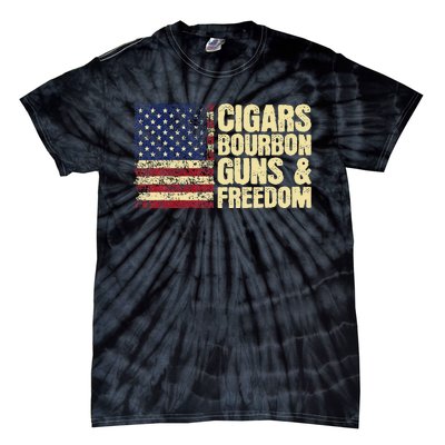 Cigars Bourbon Guns And Freedom American Flag Tie-Dye T-Shirt