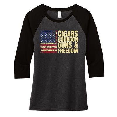 Cigars Bourbon Guns And Freedom American Flag Women's Tri-Blend 3/4-Sleeve Raglan Shirt