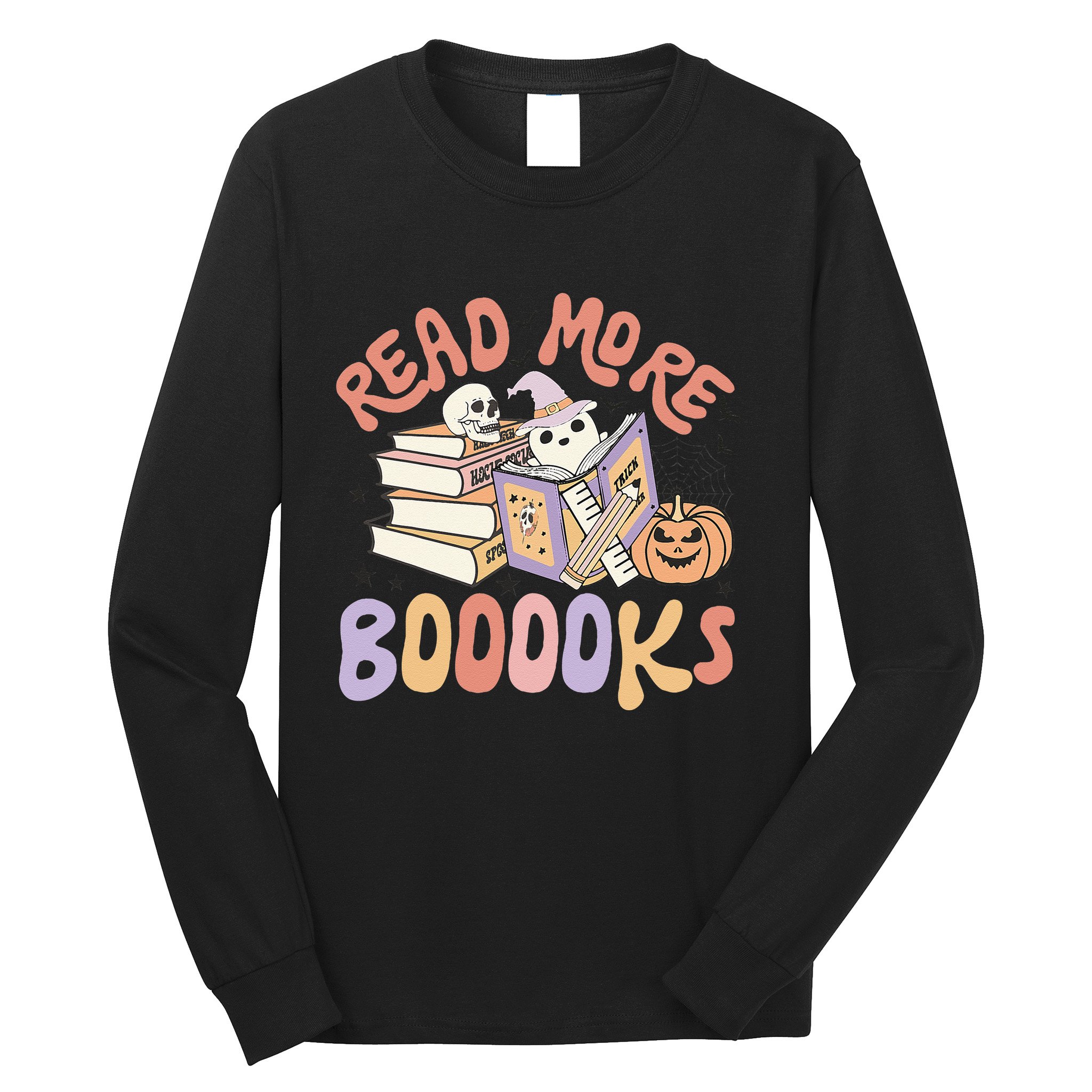 Cute Booooks Ghost Read More Books Funny Teacher Halloween Long Sleeve Shirt