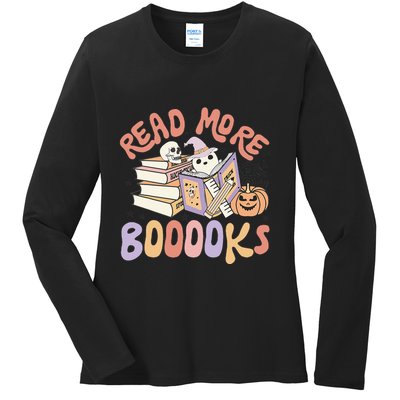 Cute Booooks Ghost Read More Books Funny Teacher Halloween Ladies Long Sleeve Shirt