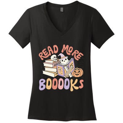Cute Booooks Ghost Read More Books Funny Teacher Halloween Women's V-Neck T-Shirt