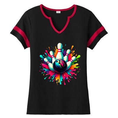 Colorful Bowling Game Day Bowling Cute Colorsplash Ball Ladies Halftime Notch Neck Tee