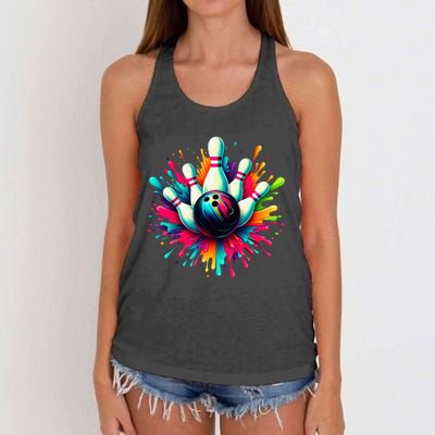 Colorful Bowling Game Day Bowling Cute Colorsplash Ball Women's Knotted Racerback Tank