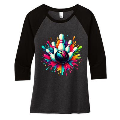 Colorful Bowling Game Day Bowling Cute Colorsplash Ball Women's Tri-Blend 3/4-Sleeve Raglan Shirt