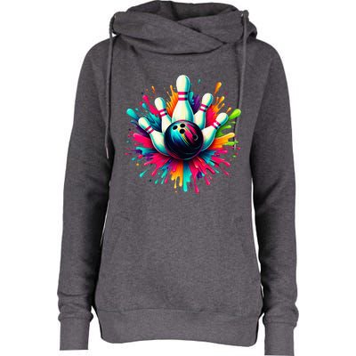 Colorful Bowling Game Day Bowling Cute Colorsplash Ball Womens Funnel Neck Pullover Hood