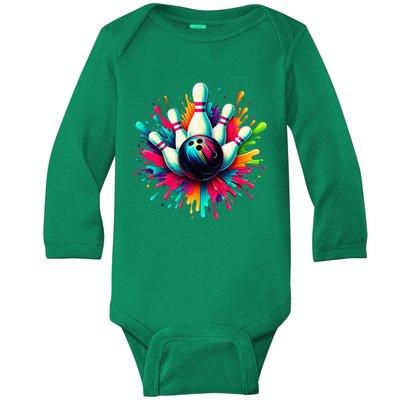 Colorful Bowling Game Day Bowling Cute Colorsplash Ball Baby Long Sleeve Bodysuit