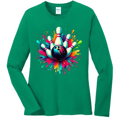 Colorful Bowling Game Day Bowling Cute Colorsplash Ball Ladies Long Sleeve Shirt