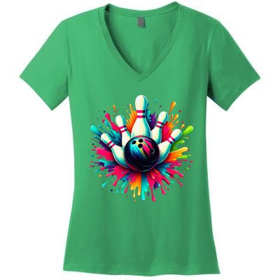 Colorful Bowling Game Day Bowling Cute Colorsplash Ball Women's V-Neck T-Shirt