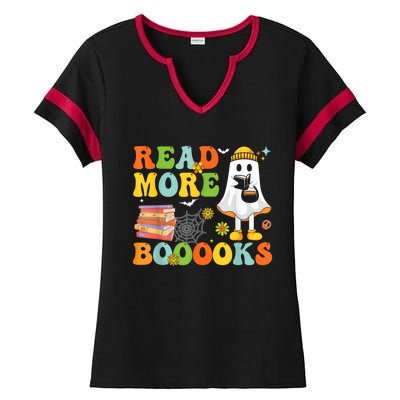 Cute Booooks Ghost Read More Books Funny Teacher Halloween Ladies Halftime Notch Neck Tee