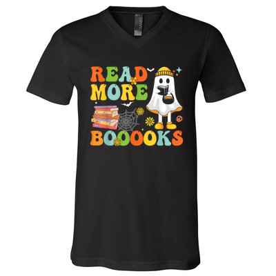 Cute Booooks Ghost Read More Books Funny Teacher Halloween V-Neck T-Shirt