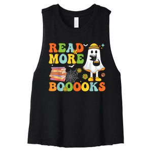 Cute Booooks Ghost Read More Books Funny Teacher Halloween Women's Racerback Cropped Tank