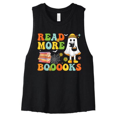 Cute Booooks Ghost Read More Books Funny Teacher Halloween Women's Racerback Cropped Tank