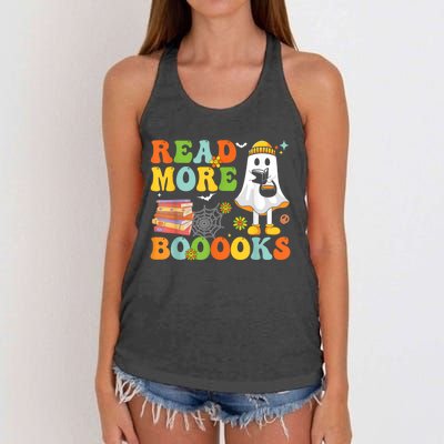 Cute Booooks Ghost Read More Books Funny Teacher Halloween Women's Knotted Racerback Tank