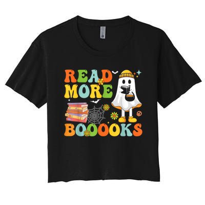 Cute Booooks Ghost Read More Books Funny Teacher Halloween Women's Crop Top Tee