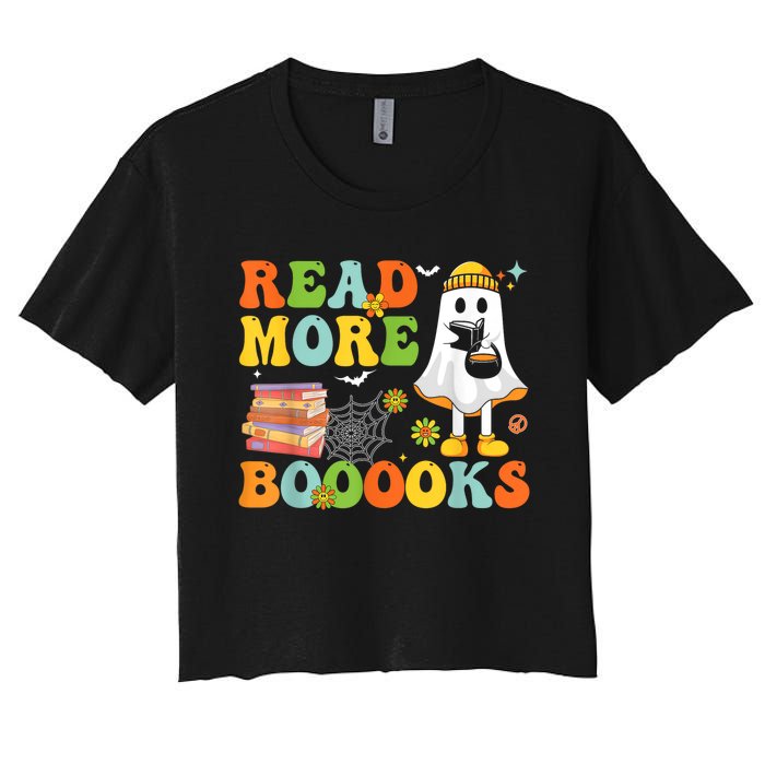 Cute Booooks Ghost Read More Books Funny Teacher Halloween Women's Crop Top Tee