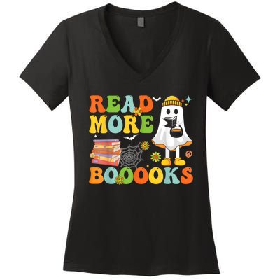 Cute Booooks Ghost Read More Books Funny Teacher Halloween Women's V-Neck T-Shirt