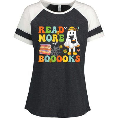 Cute Booooks Ghost Read More Books Funny Teacher Halloween Enza Ladies Jersey Colorblock Tee