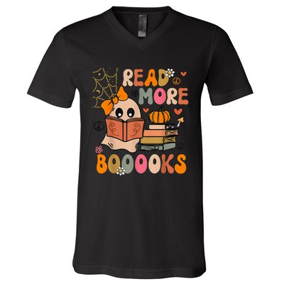 Cute Booooks Ghost Read More Books Funny Teacher Halloween V-Neck T-Shirt