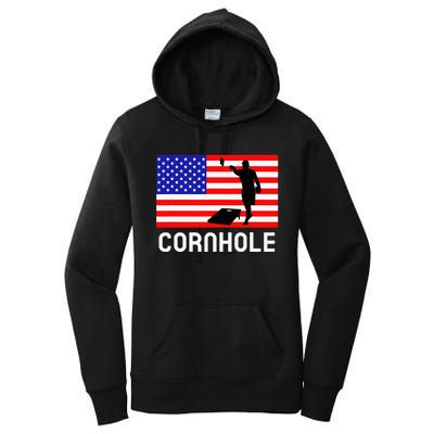 Cornhole Board Game Women American Flag Corn Hole Player Women's Pullover Hoodie