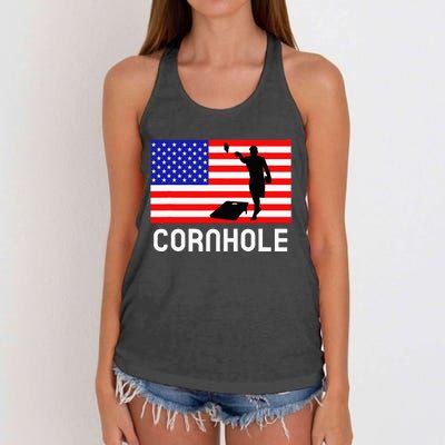 Cornhole Board Game Women American Flag Corn Hole Player Women's Knotted Racerback Tank