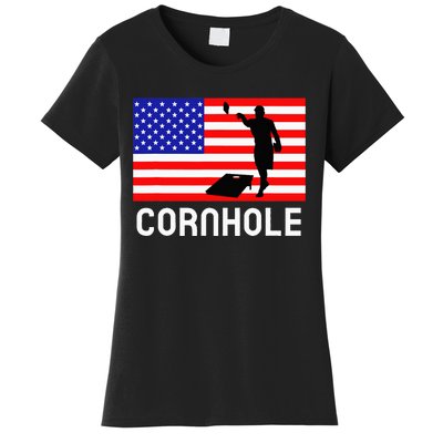 Cornhole Board Game Women American Flag Corn Hole Player Women's T-Shirt