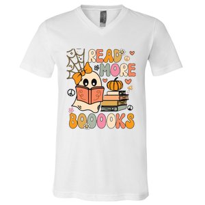 Cute Booooks Ghost Read More Books Funny Teacher Halloween V-Neck T-Shirt