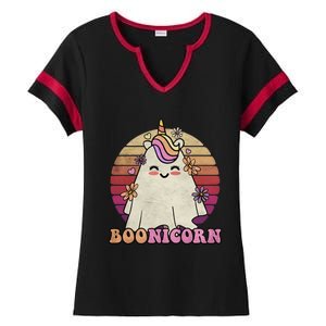 Cute Boonicorn Ghost Pink Bangs Unicorn Boo Groovy Halloween Gift Ladies Halftime Notch Neck Tee