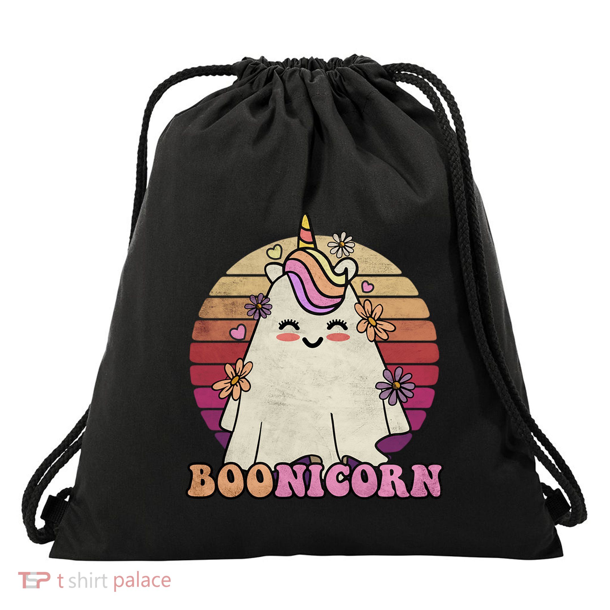 Cute Boonicorn Ghost Pink Bangs Unicorn Boo Groovy Halloween Gift Drawstring Bag
